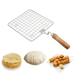 Yuktha Eternals BBQ Grill Net, Square Roaster with Wooden Handle, Multi-Purpose for Roti, Chapati, Papad, Paneer, Vegetables