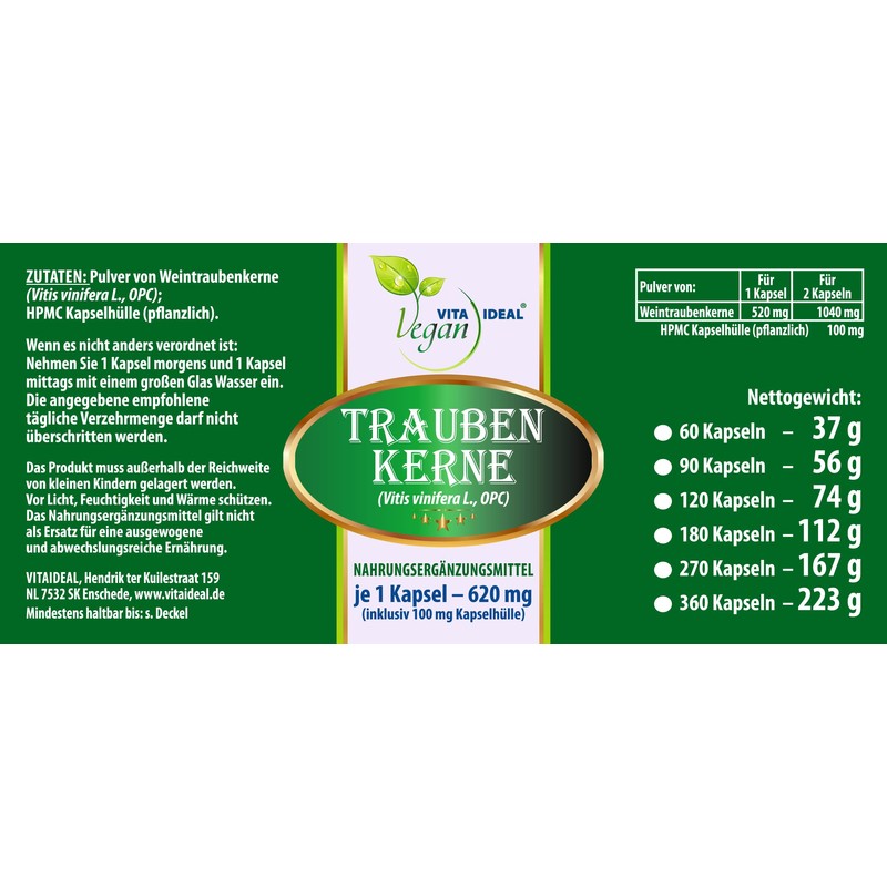 Vitaide Vegan® Grape Seeds (OPC, Vitis Vinifera L) 120 Vegetable