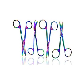 Cynamed Set of 4 Suture Stitch Scissors and Iris Micro Point Scissors with Multicolor/Rainbow Titanium Coating - Premium Quality - Delicate Hook - Perfect for Suture Removal First Aid EMS Training