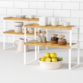 Goozii Kitchen Cabinet Organizer Shelf Set of 4, Large Stackable Pantry Cupboard Countertop Storage and Organizer, Desk Shelf Riser, Spice Plate Cup Expandable Storage Rack (Bamboo White)