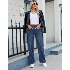 TOSATISFINE High Waisted Blue Wide Leg Jeans for Women, Size S, Classic Style, High Rise, Stretchy, Tummy Control, Zipper Closure