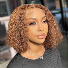 Curly BOB Wig Human Hair 220 Density 13x4 HD Lace Front Deep Wave Wigs for Black Women 4/27# Glueless Colored Pre Plucked Deep Wave Wet and Wavy Glueless Wigs Human Hair Highlight 10 Inch