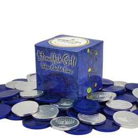 Hanukkah Chocolate Coins, Belgian Blue and Silver Milk Chocolate Coin, Kosher Hanukkah Gelt in Gift Box (Half-Pound Pack)