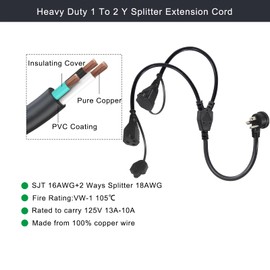 wininks NEMA 5-15P to 2 X NEMA 5-15R Y Splitter Power Cord, 2.5FT 1 Male to 2 Female Splitter 2 Ways Extension Power Cord, 45 Degree Plug 3 Prong Outlet Supply Cable for Indoor/Outdoor