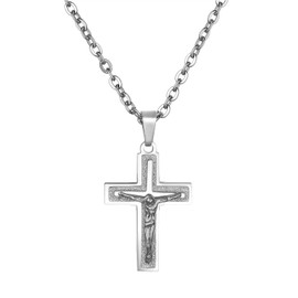Flongo Rosary Men's Cross Pendant Women's Necklace Stainless Steel Silver Gold Golden Jesus Cross Crucifix Classic, Stainless Steel