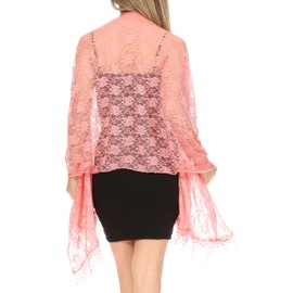 Sakkas 1929 - Mari Women's Large Lightweight Soft Lace Scarf Wrap Shawl Floral and Fringe - Style2-Peach - OS