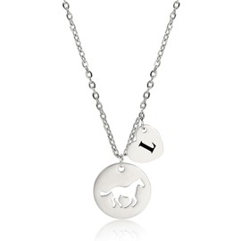 Horse Initial Necklace, Stainless Steel Heart Initial Hollow Horse Pendant Horse Gift Women's Horse Gift Horse Jewelry Horse Necklace for Teen Girls Little Girl Gift (Color Steel), Stainless Steel