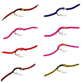24 Bead Head San Juan Worm Wet Nymph Trout Fly Fishing Flies Assortment | Fly Size: #8, #10, #12, #14