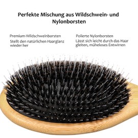 Haarbürste mit steifen Wildschweinborsten und Nylonborsten – Für müheloses Entwirren und poliertes Styling – Luxuriöses Design – Geeignet für alle Haartypen Bambus