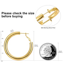 Chunky Hoop Earrings with 925 Sterling Silver Post 14K Gold Plated 5mm Thick Hoops Lightweight Loop Earrings for Women (Golden)
