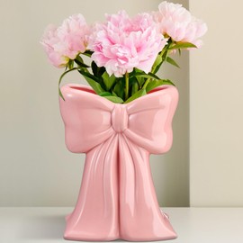 Jingmore Pink Bow Ceramic Vase Tall Slim Coquette Vase Pen Holder Makeup Brush Holder Contemporary Design Decorative Women Gifts for Home Office Shelf Table Living Room
