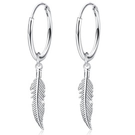 JeweBella Earrings 925 Silver Women's Hoop Earrings with Feather Hanging Hypoallergenic Earrings for Women Girls Men Diameter: 15 mm, Sterling Silver