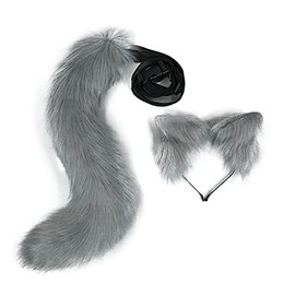 LittleLuluda Cosplay Furry Wolf Cat Fox Tail and Ears Headband Set Costume Accessories (Grey)