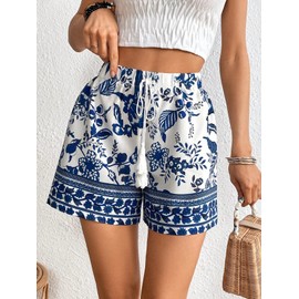 WDIRARA Women's Loose Boho Casual Summer Shorts Floral Print Elastic High Waist Knot Comfy Wide Leg Shorts Blue and White M