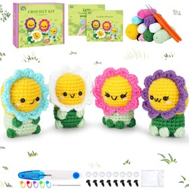 Flowers Crochet Kit for Beginners for Adults Kids with Instructions Video Crochet Flower Kit Crochet Starter Kit Plants Handcrafts Complete Crochet Set Knitting Kit Flower Beginner Crochet Kit