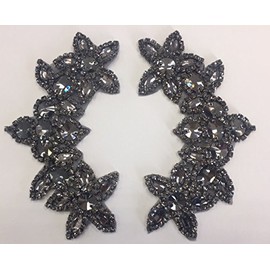 ModaTrims Hot-Fix or Sew-On Beaded Crystal Rhinestone Applique for Bridal and Costume Accessory - PAIR (Black Crystals, Black Prongs, 7 inch x 4 inch) - FBA-RHS-APL-511-PAIR-BLACKBLACK