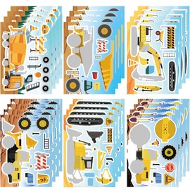 24 Sheets Reusable Construction Vehicle Stickers | DIY Engineering Truck Decals for Kids Birthday Party Favors, Excavator & Fire Truck Stickers | Boys Gift, Construction Theme Party Supplies