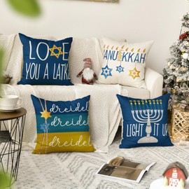 AVOIN colorlife Happy Hanukkah Love You A Latke Menorah Dreidel Throw Pillow Covers, 18 x 18 Inch Light It Up Holiday Cushion Case for Sofa Couch Set of 4