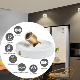 HOFUY 4-Pack LED Spotlight Battery Operated Picture Lights, Wireless Puck Lights with 2 Remote, Dimmable Stick Spotlights with Timmer for Wall Display Painting Dartboard Artwork Accent Closet