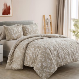 SHALALA Floral Comforter Set Queen Size, 7 Pieces Khaki Floral Comforter Bedding Sets with Pillow Shams, Lightweight Comforter Bed in a Bag for All Season
