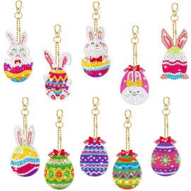 Tundwhite Pack of 10 Easter Diamond Painting Pendants, Rabbit, Easter Eggs, Diamond Painting Keyring, 5D Diamond Painting Keyring Kit, Easter Decoration Gifts, for Easter Gift Easter Decoration