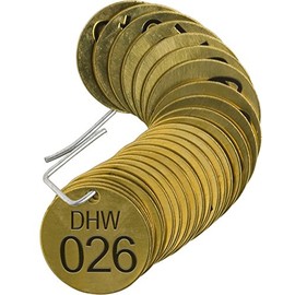 Brady 871811 1/2" Diameter Stamped Brass Valve Tags, Numbers 026-050, Legend "DHW" (25 per Package)