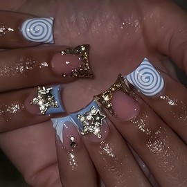 Uas Postizas Cortas Estilo Francs Con Diseo De Remolino, Diamantes De Imitacin Dorados 3D, Reutilizables, Con Dijes Plateados Brillantes. 24 Unidades.