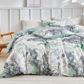 Lekesky King Size Duvet Cover Sets Green and Grey Abstract Marble Texture Green Bedding Sets King Size (1x Duvet Cover, 2x Pillowcase)