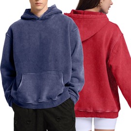 FAIABLE 2 Pack Acid Wash Oversized Vintage Unisex Heavyweight Distress Cotton Fleece Washed Hoodie for Men Women Couples Streetwear College Red Blue
