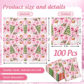 JarThenaAMCS 100Pcs Pink Christmas Paper Napkins Santa Xmas Tree Candy Cane Disposable Napkins Luncheon Dinner Hand Napkins for Party Supplies Table Decor