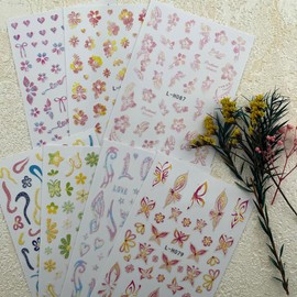 TiMi New Nail Stickers Ins Small Fresh Sparkling Pink Hibiscus Flower Butterfly Nail 3D Back Adhesive A Set of 7 Sheets