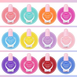 wakaniya Kids Nail Polish 12 Colors Girls Nail Kit with Glitter Stickers and PVC Storage Bag Non Toxic, Quick Dry Peel Off Safe Nail Polish