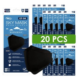 (Pack of 20) [SKY] Premium 3D Disposable BLACK KF94 Face Mask, 4-Layer Filters, KF94 Masks, Individual Pack, Made in Korea. (20)