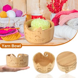 Lvjkes Yarn Bowl, 17 x 10 cm Wooden Cat Ear Wool Bowl, Flower Shape Thread Cutter Sewing, Handmade Creations, Use for Yarn Storage, Knitting Crochet Accessories