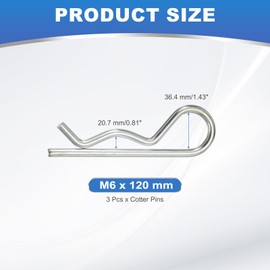 PATIKIL M6 x 120 mm Cotter Pin Assortment Kit, 3 Pcs Heavy Duty R Clips Hardware Pin Carbon Steel Spring Fasteners Hitch Pin for Trailer Locking Lawn Mowers Truck, Silver Tone