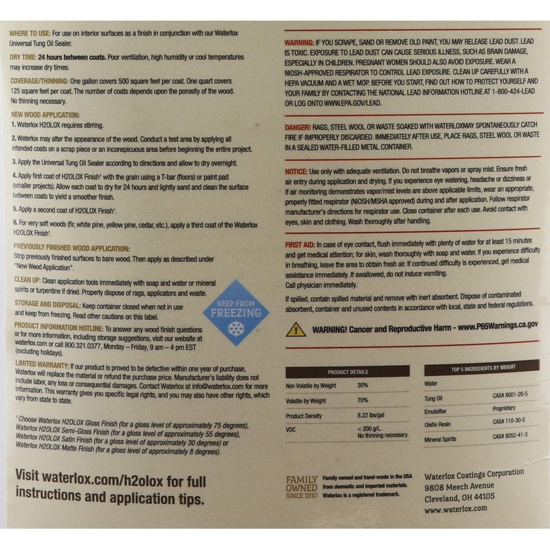 Waterlox H2OLoX Water Based - Gloss Finish - Gallon