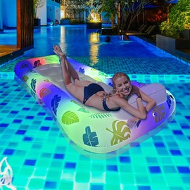 Pool Floats Adult with Color Light and Cup Holder, 71 * 38in Large Inflatable Adult Floats for Pool, Glow in The Dark Pool Floats Raft Chairs, Beach Floaties Mat Pool Lounge Float