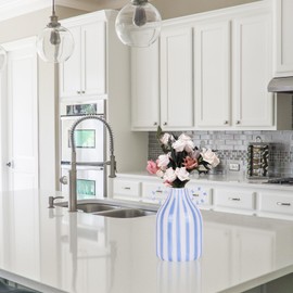 oliruim Keramik Deko Vase mit Blau Weiß Gestreift, Handbemalte Minimalistische Boho-Deko, Deko Wohnzimmer, Tisch Deko, Zentraler Esstisch, Moderne Ästhetische Dekoration fürs Schlafzimmer (A)