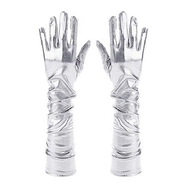 Lobagve Van Caro Women Shiny Metallic Elbow Length Gloves Elastic Stain Opera Gloves, Silver