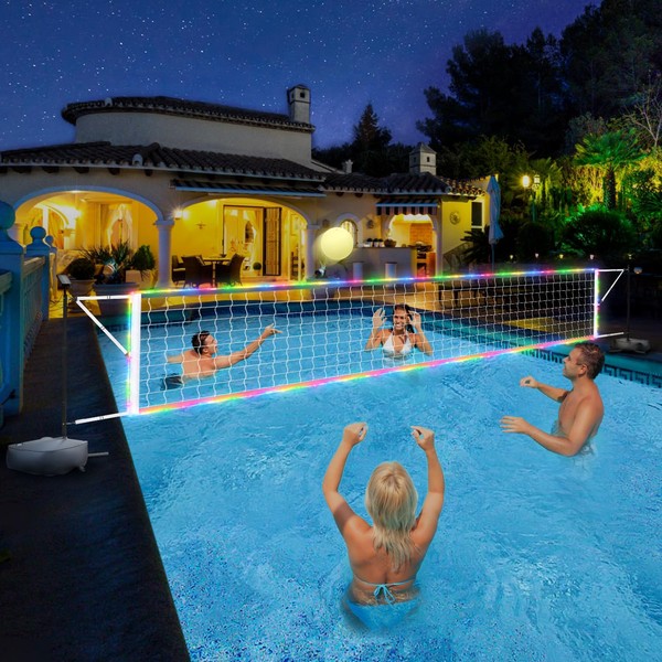 Pool Volleyball Net Set with LED Lights, 15-32FT Adjustable Net