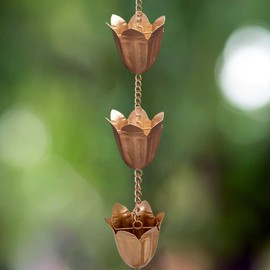 Qipade Rain Chains for Gutters, 8.3ft Length Copper Lotus Rain Chain with 12 Cups, Decorative Rain Catcher Replacement Downspout for Gutters, Eaves Drainage