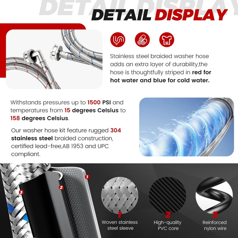 6Ft Stainless Steel Washer Hose with 90 Degree Elbow by