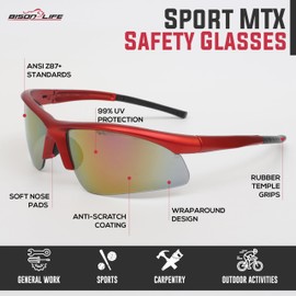 BISON LIFE Sport MTX Red Mirror Lens Safety Glasses, ANSI Z87+, Impact Resistant, Anti-Scratch UV Protection Lens for Shooting, Yard Work, Cycling, and Outdoor Activities (1 Pack)