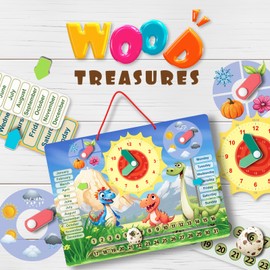 6 in 1Dinosaur Shaped Montessori Wooden Calendar Clock, Early Learning Educational Games Teaching Clock for Learning The Time, Date, Days of The Week, Months, Seasons and Weather for Kids 2+