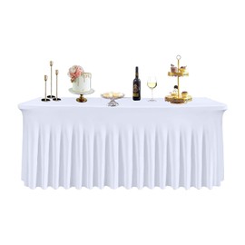 WedDecor White Table Cloth Skirt, 6ft x 2.5ft Pleated Rectangle Spandex Tablecloth Cover For Wedding, Dining, Birthday Party, Baby Shower, Restaurant, Banquet, and Special Events Table Decoration
