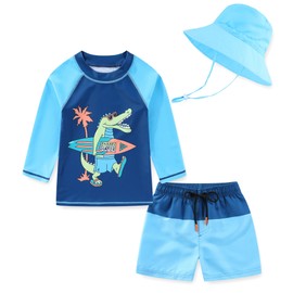 Toddlers and Baby Boys' 3-Piece Rashguard Sets Swimsuits Sets with Hat Surfing Swimwear Sunsuit UPF 50+ Blue Surfer Crocodile(18-24 Months)