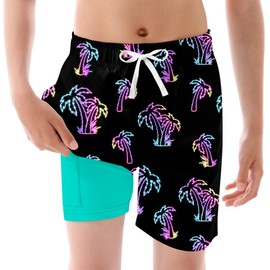 Kids Swim Shorts with Colorful Liner Neon Palm Board Shorts for Boy Summer Swim Trunks 10/11/12 Years Child Purple Trees Stretch Shorts Swimwear with Drawstring
