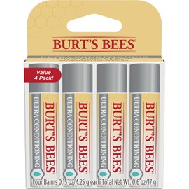 Burt's Bees Bálsamo labial, cuidado de labios hidratante, 100% de origen natural, ultra acondicionador con karité, cacao y manteca de kokum, 0.15 onzas, cuatro tubos