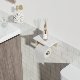 Brushed Gold Toilet Paper Holder with Marble Shelf, 304 Stainless Steel Tissue Hand Holder Wall Mounted Toilet Paper Roll Hold with Phone Shelf for Bathroom Kitchen Washroom Bedroom