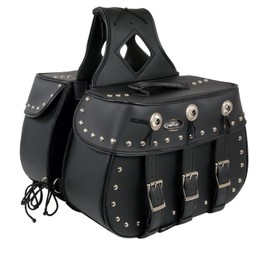 Milwaukee Leather SH652ZB Large Black Zip-Off 3-Buckle PVC Studded Throw Over Motorcycle Saddlebags - Large